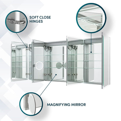 Aquadom Edge Royale 72" x 32" LED Lighted Medicine Cabinet With Defogger, Integrated LED 3X Magnifying Mirror, 8mm Clear Adjustable Glass Shelves and Electrical Outlet With USB - ER4-7232-N