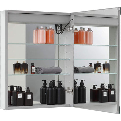 Aquadom Pacifica 20" x 26" Rectangular Recessed or Surface Mount Single View LED Lighted Left-Hinged Bathroom Medicine Cabinet With Defogger And Electrical Outlet - P-2026L