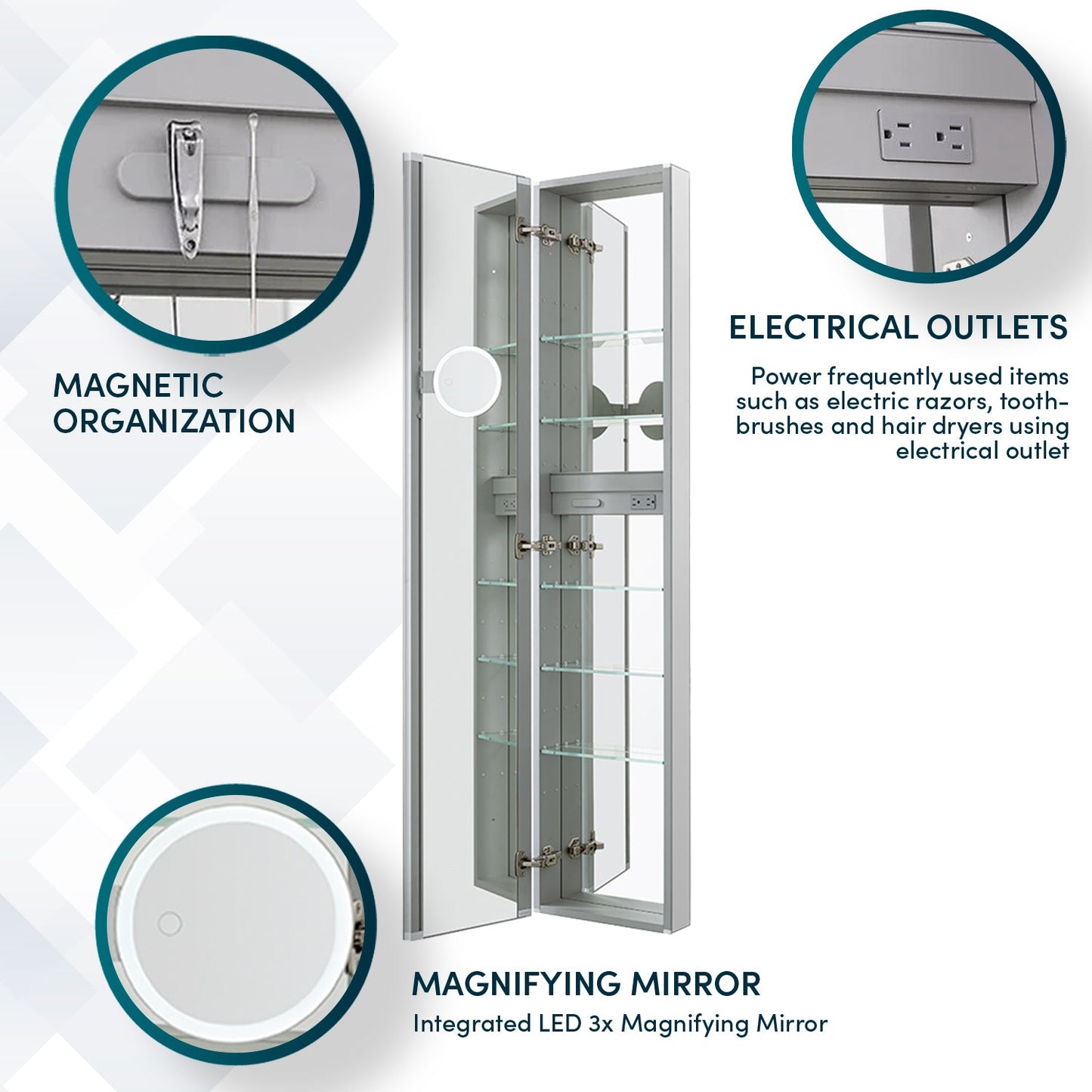 Aquadom Royale 15" x 70" Rectangular Left-Hinged Recessed or Surface Mount Medicine Cabinet With LED Lighting, Touch Screen Button, Defogger - R-1570L-E