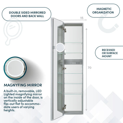 Aquadom Royale 15" x 70" Rectangular Left-Hinged Recessed or Surface Mount Medicine Cabinet With LED Lighting, Touch Screen Button, Defogger - R-1570L-E