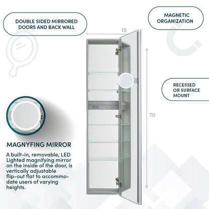 Aquadom Royale 15" x 70" Rectangular Right-Hinged Recessed or Surface Mount Medicine Cabinet With LED Lighting, Touch Screen Button, Defogger - R-1570R-E