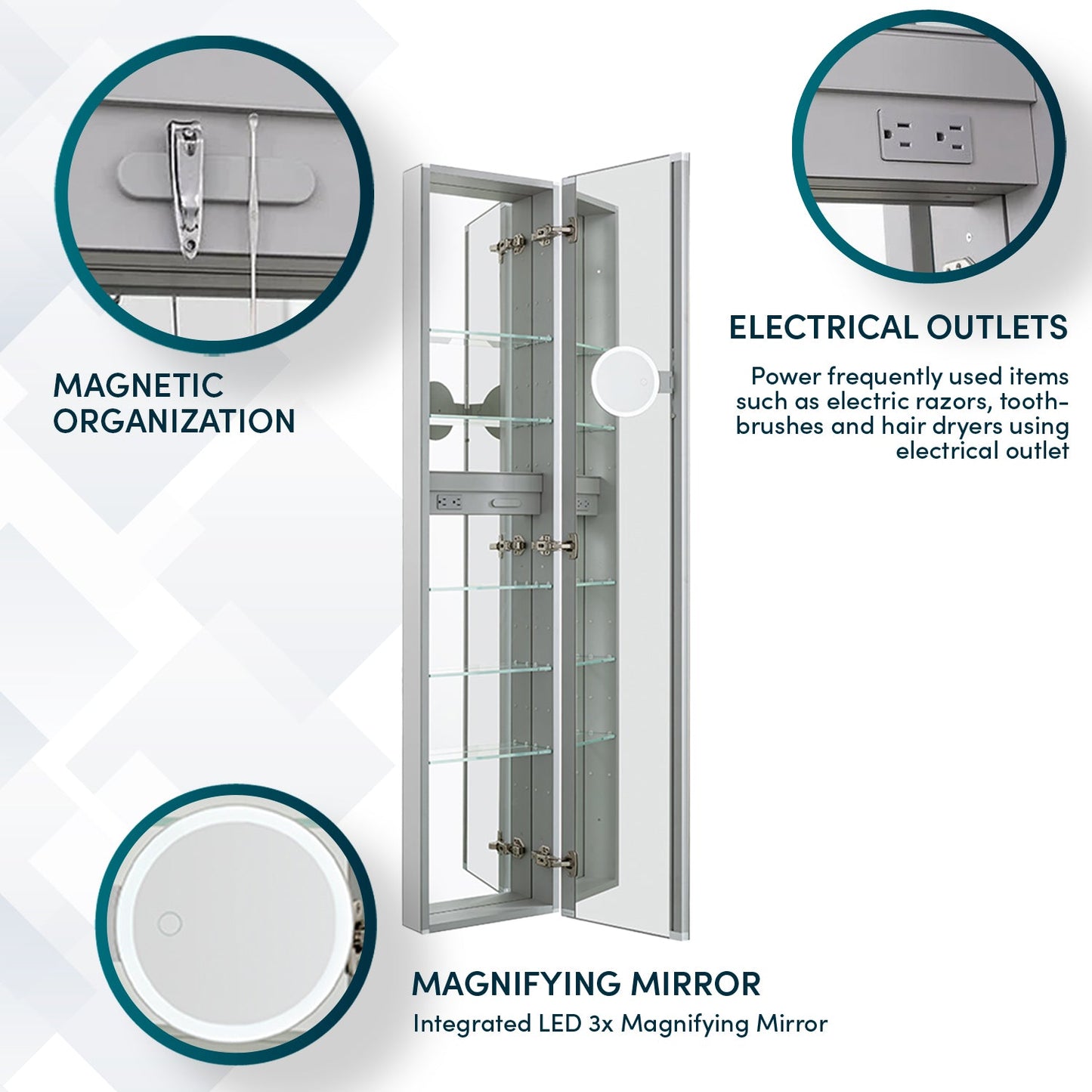 Aquadom Royale 15" x 70" Rectangular Right-Hinged Recessed or Surface Mount Medicine Cabinet With LED Lighting, Touch Screen Button, Defogger - R-1570R-E