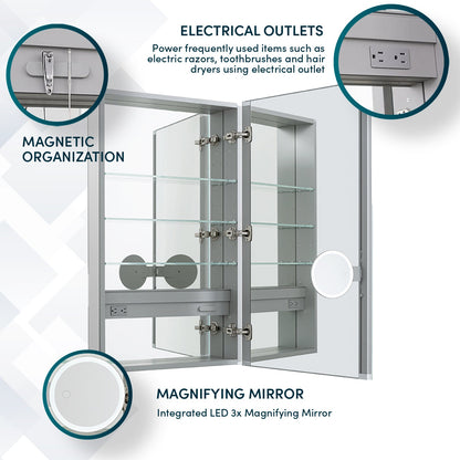 Aquadom Royale 24" x 30" Rectangular Right-Hinged Recessed or Surface Mount Medicine Cabinet With LED Lighting, Touch Screen Button, Defogger - R-2430R-E