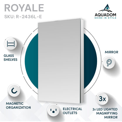 Aquadom Royale 24" x 36" Rectangular Left-Hinged Recessed or Surface Mount Medicine Cabinet With LED Lighting, Touch Screen Button, Defogger - R-2436L-E