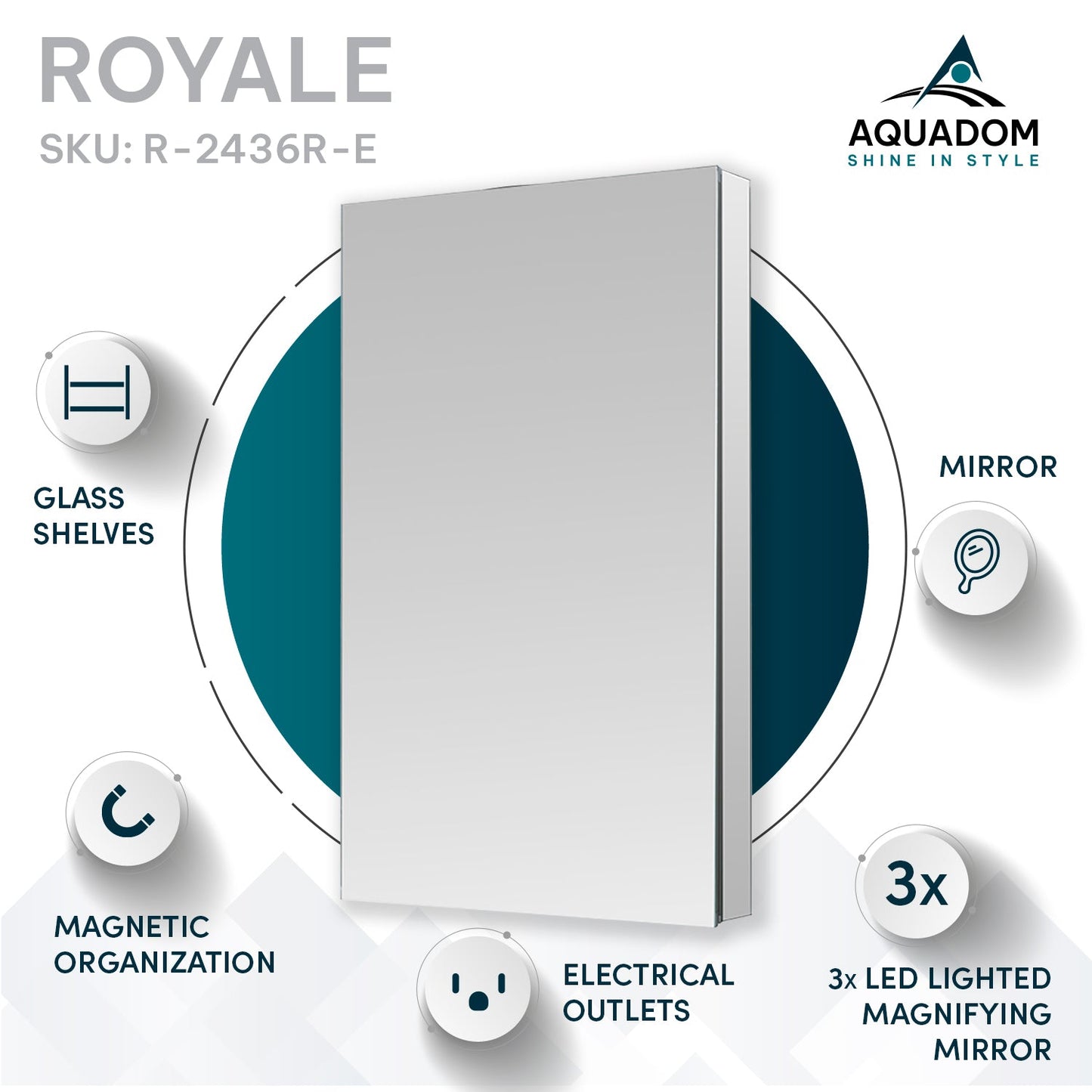 Aquadom Royale 24" x 36" Rectangular Right-Hinged Recessed or Surface Mount Medicine Cabinet With LED Lighting, Touch Screen Button, Defogger - R-2436R-E