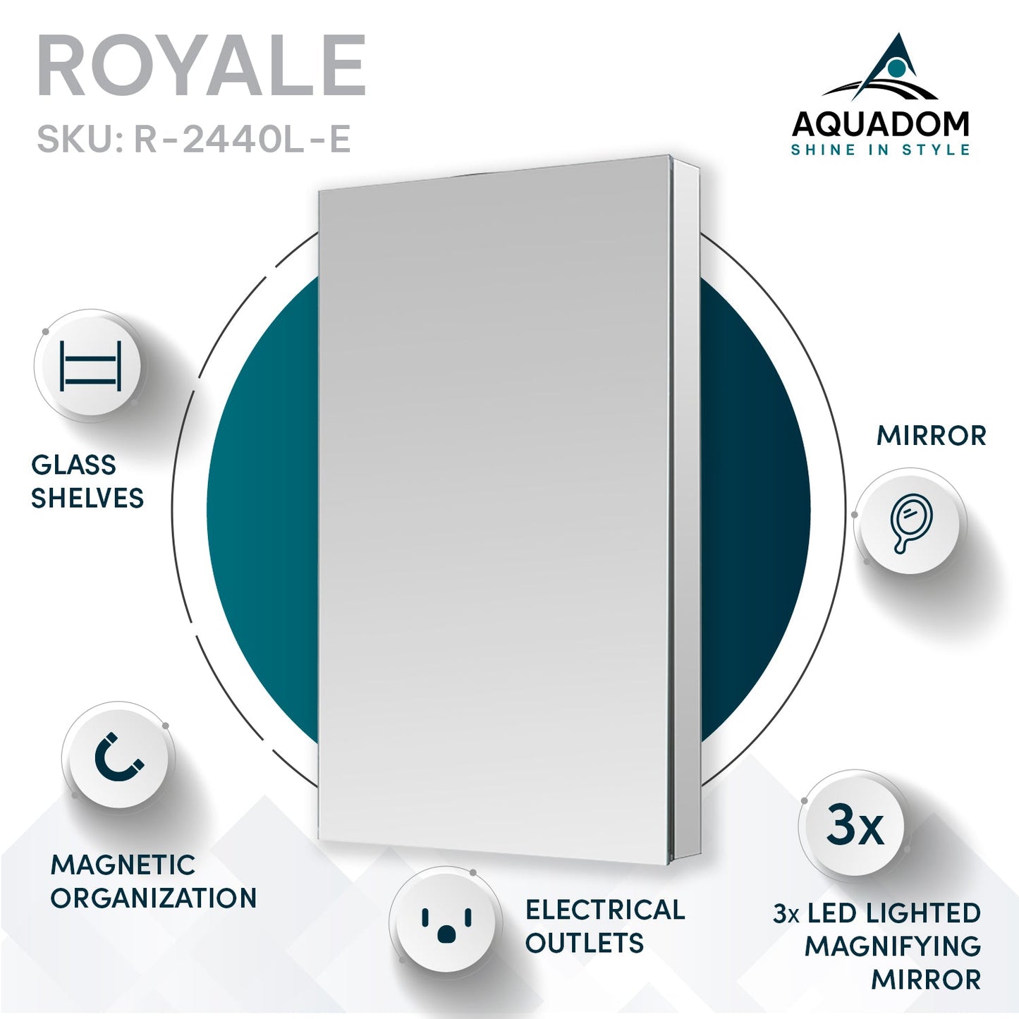Aquadom Royale 24" x 40" Rectangular Left-Hinged Recessed or Surface Mount Medicine Cabinet With LED Lighting, Touch Screen Button, Defogger - R-2440L-E