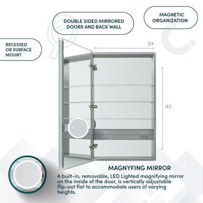 Aquadom Royale 24" x 40" Rectangular Left-Hinged Recessed or Surface Mount Medicine Cabinet With LED Lighting, Touch Screen Button, Defogger - R-2440L-E