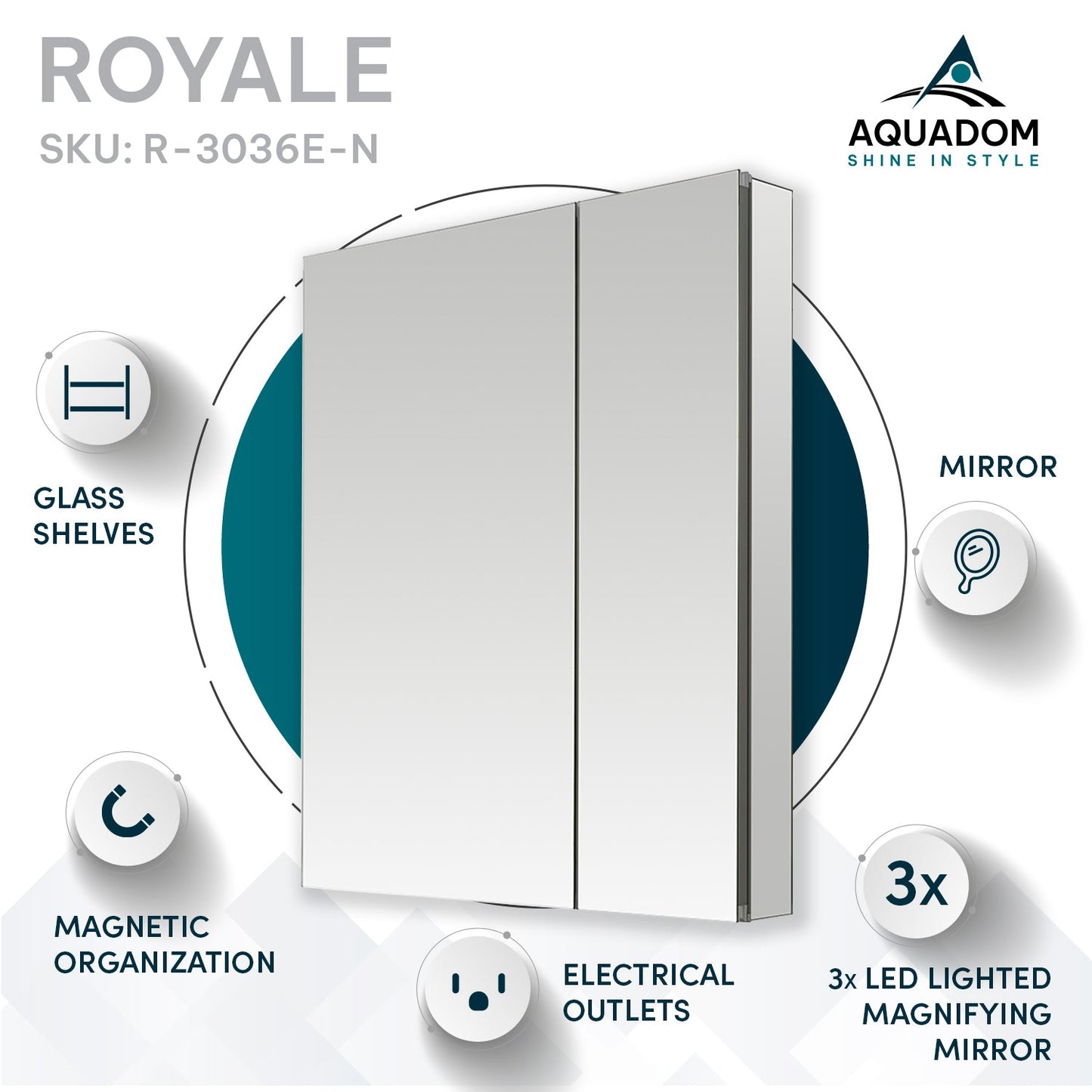 Aquadom Royale 30" x 36" Rectangular Double-Door Recessed or Surface Mount Medicine Cabinet - R-3036E-N