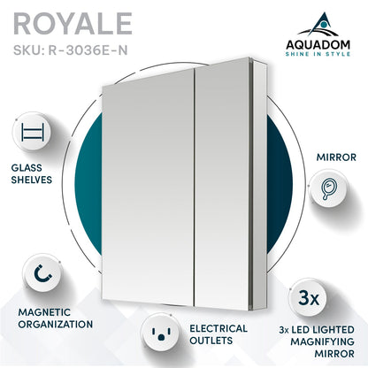 Aquadom Royale 30" x 36" Rectangular Double-Door Recessed or Surface Mount Medicine Cabinet - R-3036E-N