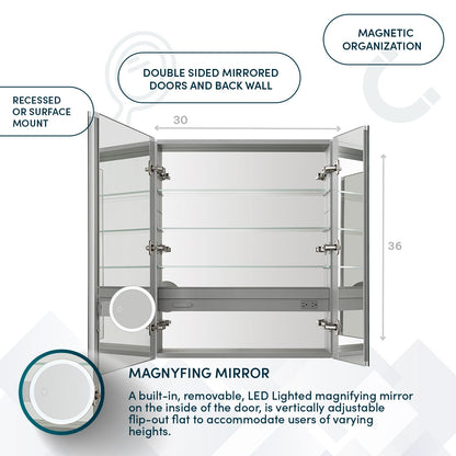 Aquadom Royale 30" x 36" Rectangular Double-Door Recessed or Surface Mount Medicine Cabinet - R-3036E-N