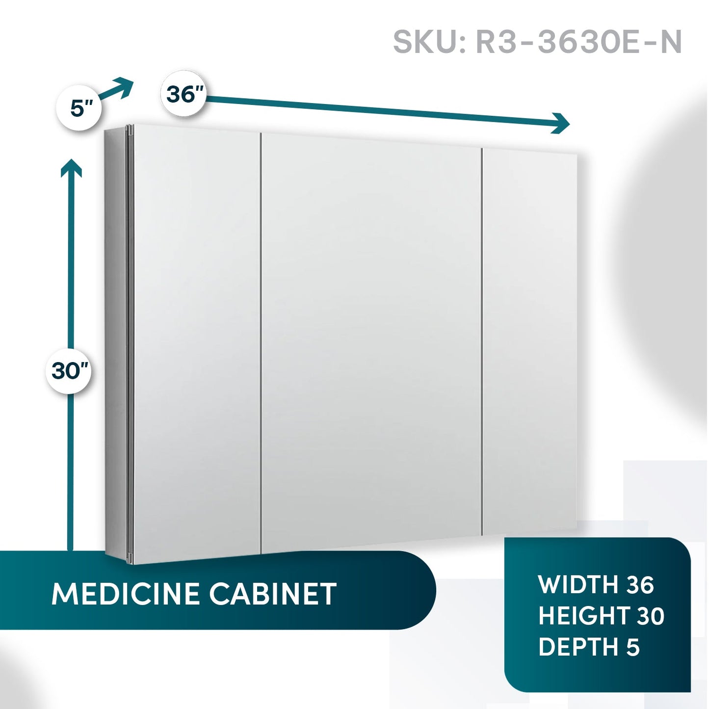 Aquadom Royale 36" x 30" Rectangular Triple-Door Recessed or Surface Mount Medicine Cabinet - R3-3630E-N