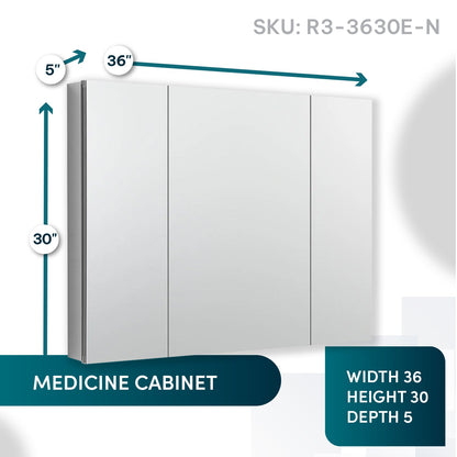 Aquadom Royale 36" x 30" Rectangular Triple-Door Recessed or Surface Mount Medicine Cabinet - R3-3630E-N
