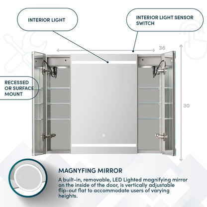Aquadom Royale Plus 36" x 30" LED Lighted Medicine Cabinet With Defogger, Integrated LED 3X Magnifying Mirror and Electrical Outlet With USB - RP3-3630-N