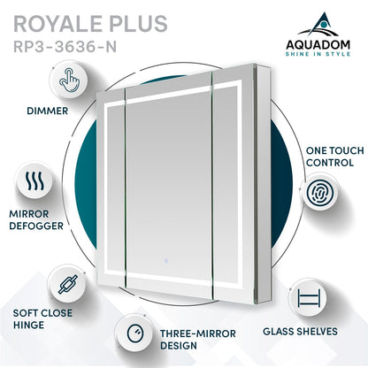 Aquadom Royale Plus 36" x 36" Triple-Door LED Lighted Medicine Cabinet With Defogger, Integrated LED 3X Magnifying Mirror and Electrical Outlet With USB - RP3-3636-N