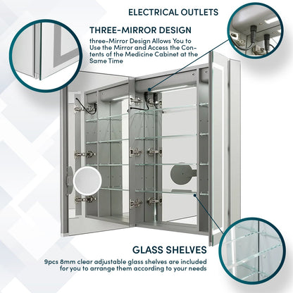 Aquadom Royale Plus 48" x 30" LED Lighted Medicine Cabinet With Defogger, Integrated LED 3X Magnifying Mirror and Electrical Outlet With USB - RP3-4830-N