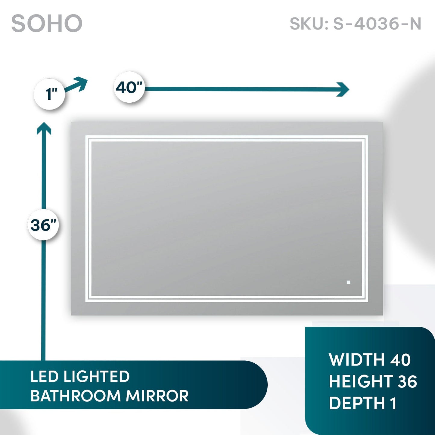 Aquadom SOHO 40" x 36" Rectangle Ultra-Slim Frame LED Lighted Bathroom Mirror With Defogger - S-4036-N