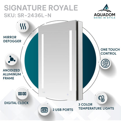 Aquadom Signature Royale 24" x 36" Rectangle Left Hinged Medicine Cabinet With Lighting, Defogger, Integrated LED 3X Magnifying Mirror And Electrical Outlet with USB - SR-2436L-N
