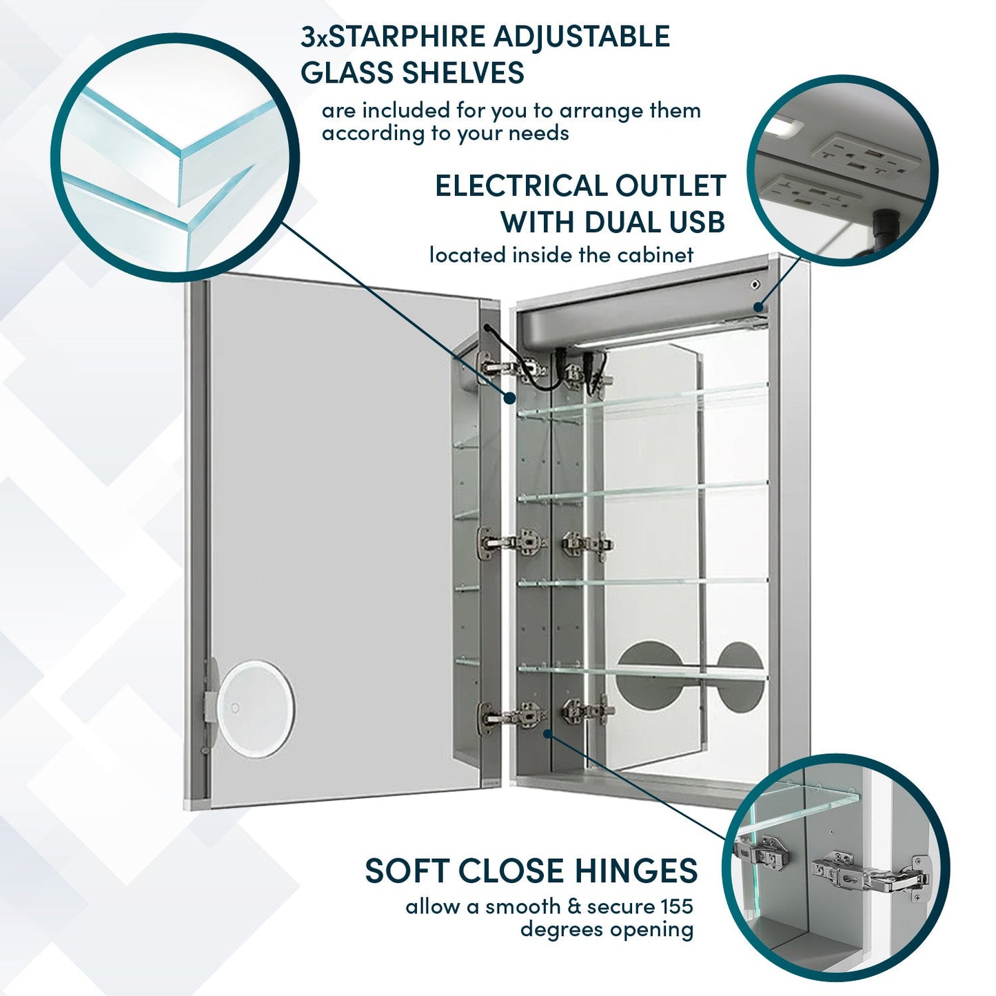 Aquadom Signature Royale 24" x 36" Rectangle Left Hinged Medicine Cabinet With Lighting, Defogger, Integrated LED 3X Magnifying Mirror And Electrical Outlet with USB - SR-2436L-N