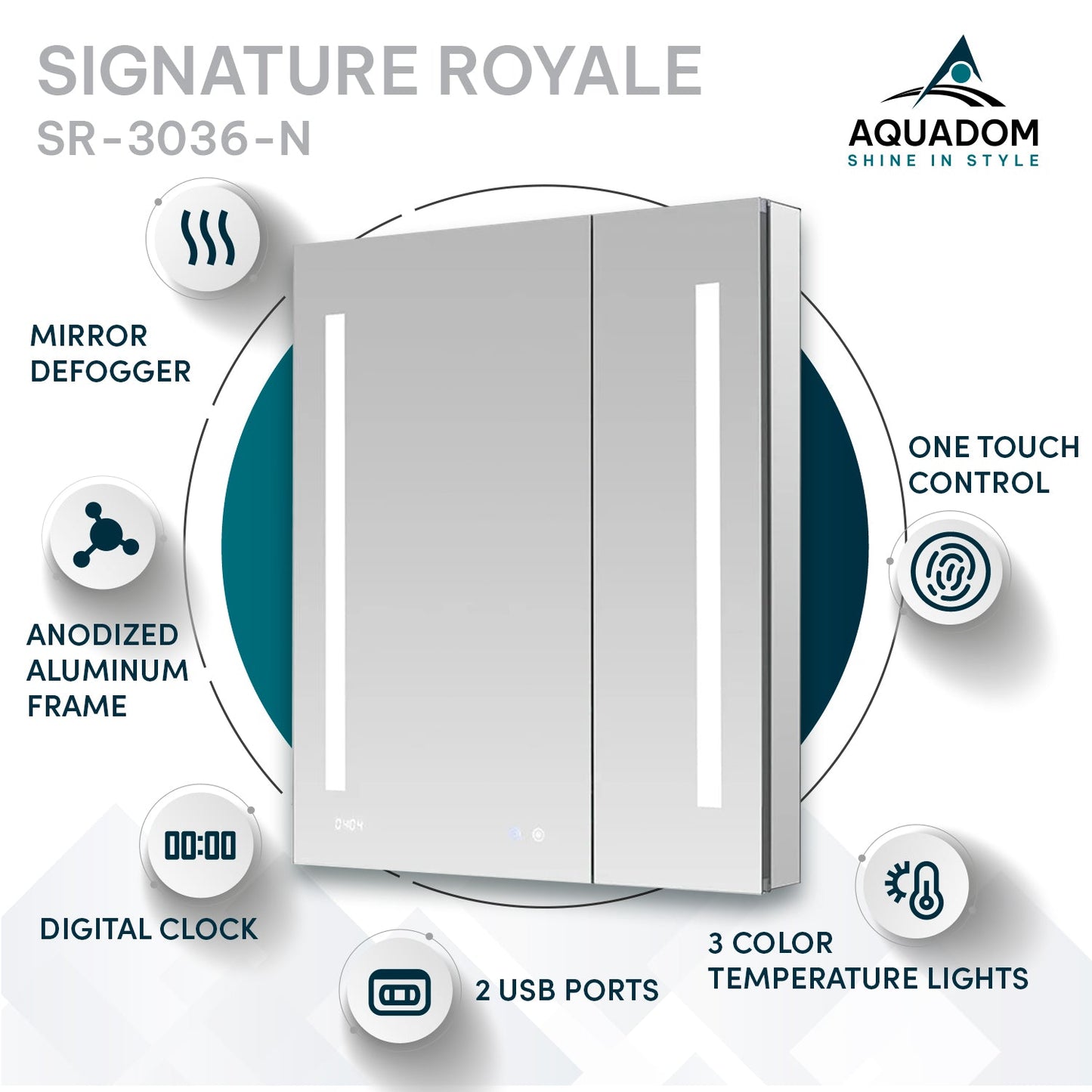 Aquadom Signature Royale 30" x 36" Rectangle Medicine Cabinet With Lighting, Defogger, Integrated LED 3X Magnifying Mirror And Electrical Outlet with USB - SR-3036-N