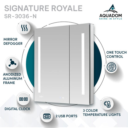Aquadom Signature Royale 30" x 36" Rectangle Medicine Cabinet With Lighting, Defogger, Integrated LED 3X Magnifying Mirror And Electrical Outlet with USB - SR-3036-N