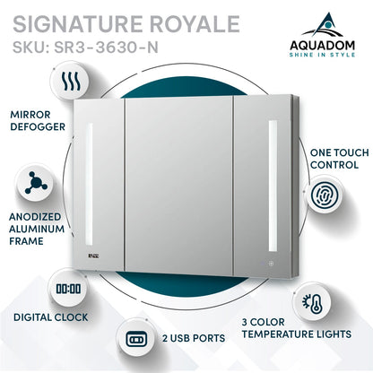 Aquadom Signature Royale 36" x 30" Triple-Door LED Lighted Medicine Cabinet With Defogger, Integrated LED 3X Magnifying Mirror and Electrical Outlet With USB - SR3-3630-N