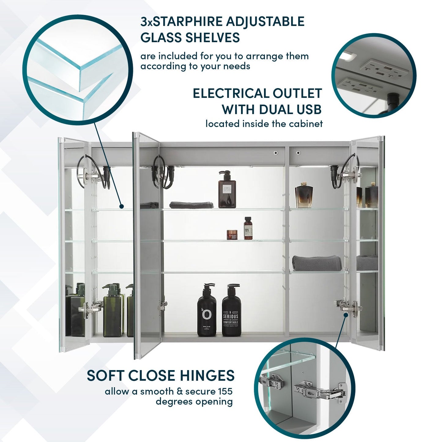 Aquadom Signature Royale 36" x 30" Triple-Door LED Lighted Medicine Cabinet With Defogger, Integrated LED 3X Magnifying Mirror and Electrical Outlet With USB - SR3-3630-N