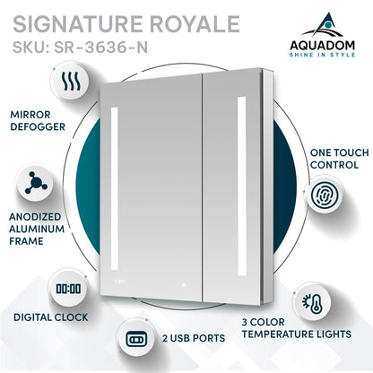 Aquadom Signature Royale 36" x 36" Double-Door LED Lighted Medicine Cabinet With Defogger, Integrated LED 3X Magnifying Mirror and Electrical Outlet With USB - SR-3636-N