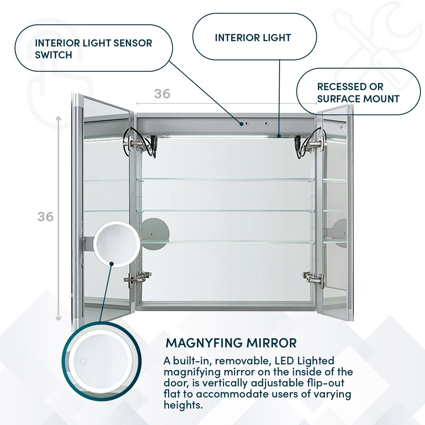 Aquadom Signature Royale 36" x 36" Double-Door LED Lighted Medicine Cabinet With Defogger, Integrated LED 3X Magnifying Mirror and Electrical Outlet With USB - SR-3636-N