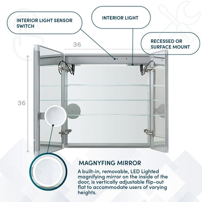 Aquadom Signature Royale 36" x 36" Double-Door LED Lighted Medicine Cabinet With Defogger, Integrated LED 3X Magnifying Mirror and Electrical Outlet With USB - SR-3636-N