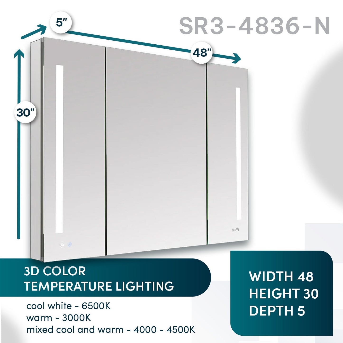 Aquadom Signature Royale 48" x 30" Triple-Door LED Lighted Medicine Cabinet With Defogger, Integrated LED 3X Magnifying Mirror and Electrical Outlet With USB - SR3-4830-N