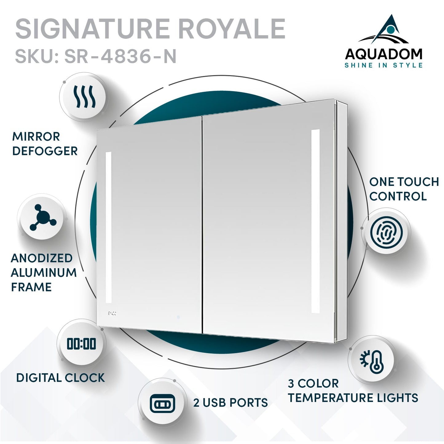 Aquadom Signature Royale 48" x 36" LED Lighted Medicine Cabinet With Defogger, Integrated LED 3X Magnifying Mirror and Electrical Outlet With USB - SR-4836-N