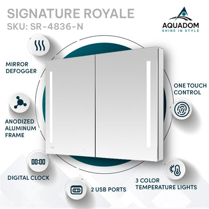 Aquadom Signature Royale 48" x 36" LED Lighted Medicine Cabinet With Defogger, Integrated LED 3X Magnifying Mirror and Electrical Outlet With USB - SR-4836-N