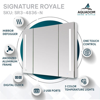 Aquadom Signature Royale 48" x 36" Triple-Door LED Lighted Medicine Cabinet With Defogger, Integrated LED 3X Magnifying Mirror and Electrical Outlet With USB - SR3-4836-N