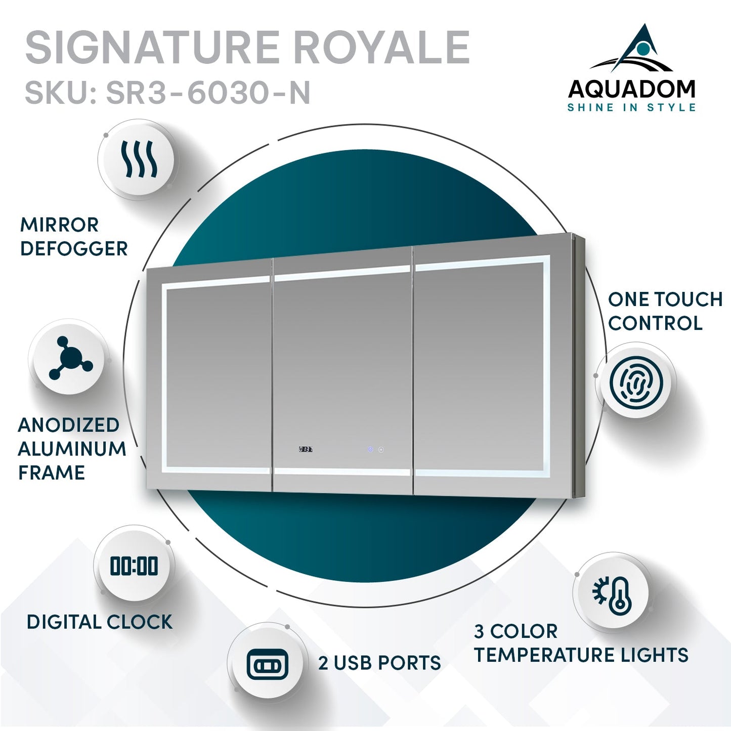 Aquadom Signature Royale 60" x 30" LED Lighted Medicine Cabinet With Defogger, Integrated LED 3X Magnifying Mirror and Electrical Outlet With USB - SR3-6030-N