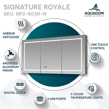 Aquadom Signature Royale 60" x 30" LED Lighted Medicine Cabinet With Defogger, Integrated LED 3X Magnifying Mirror and Electrical Outlet With USB - SR3-6030-N