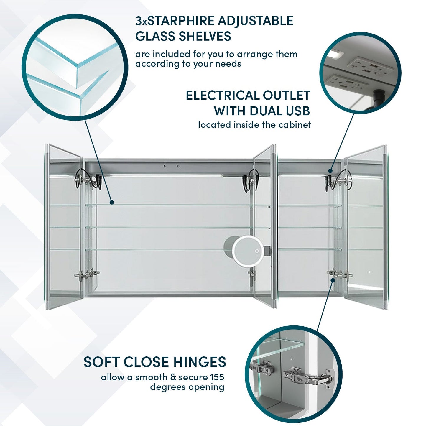 Aquadom Signature Royale 60" x 36" Triple-Door LED Lighted Medicine Cabinet With Defogger, Integrated LED 3X Magnifying Mirror and Electrical Outlet With USB - SR3-6036-N