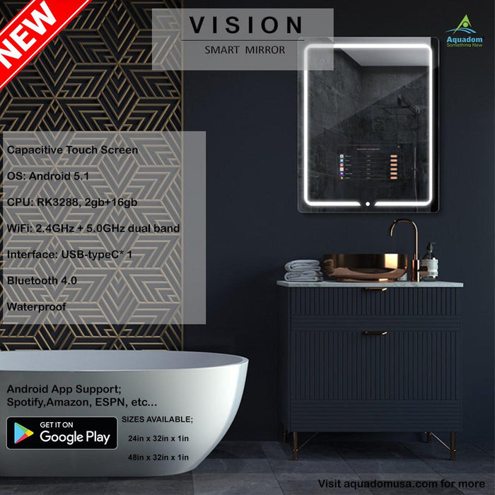 Aquadom Vision 48" x 32" Smart LED Lighted Bathroom Mirror With Built-in TV, Defogger, Body Fat Scale and Skin Detector - V-4832-SD-BFS