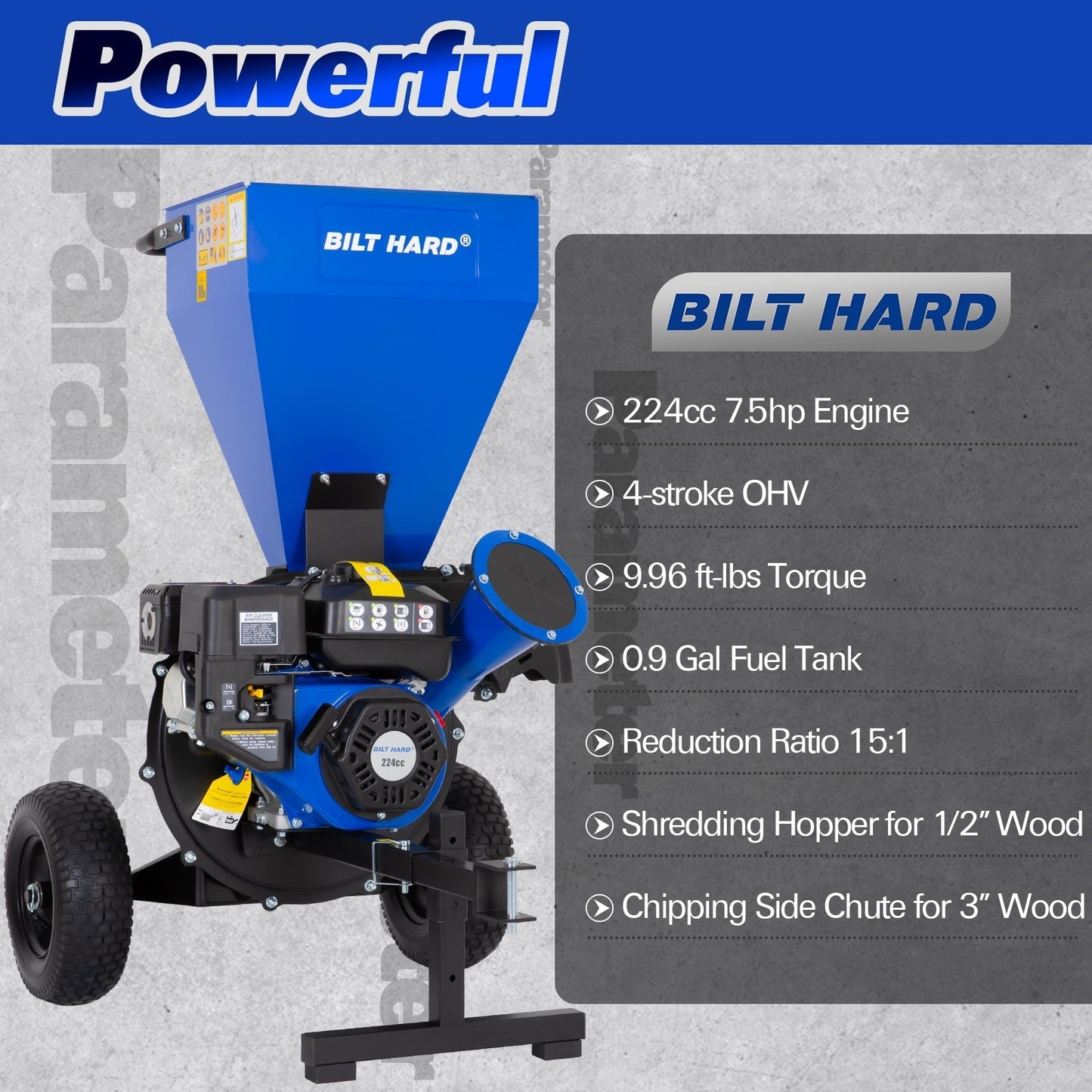 BILT HARD 7.5 HP Wood Chipper, 3" Max Capacity - TRA-0401