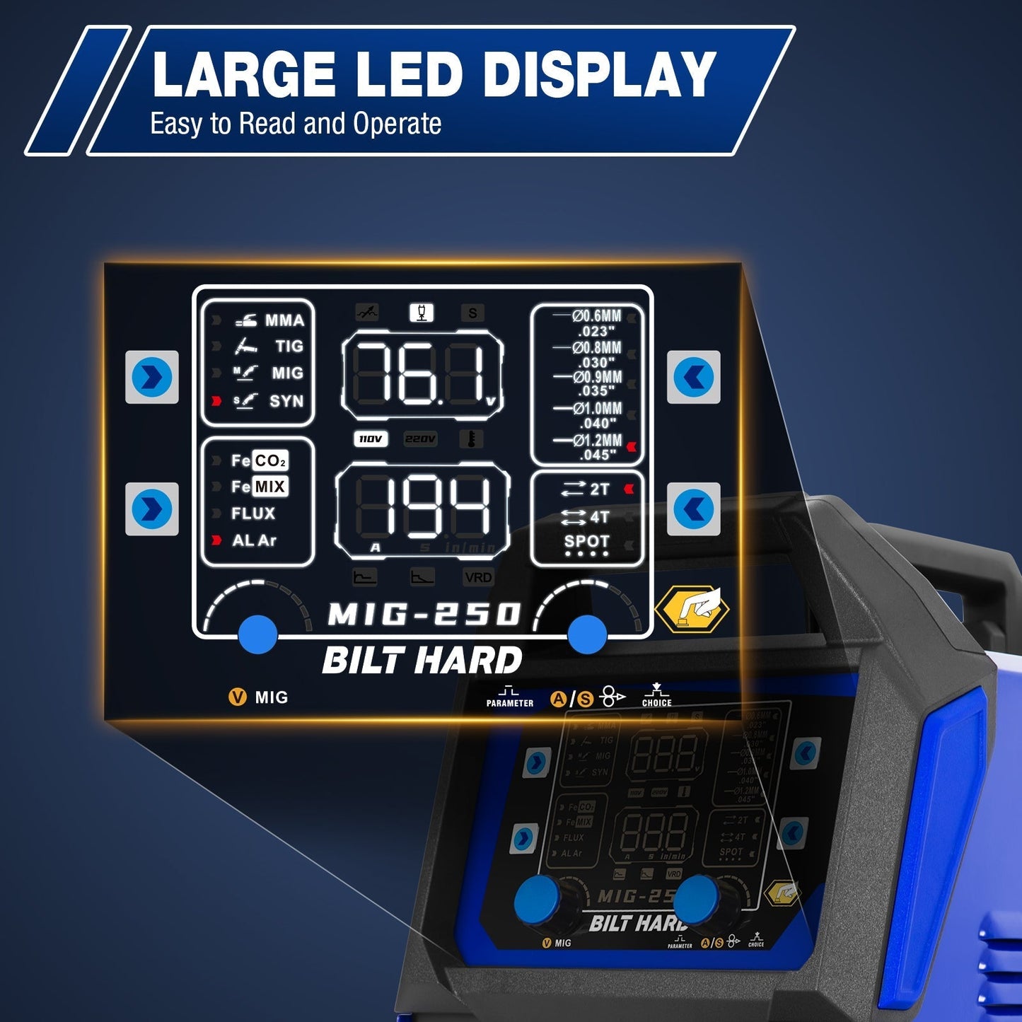 BILT HARD 250A MIG Welder, 4-in-1 Gas/Flux Core MIG, Lift TIG/Stick, Multi-Process, 110V/220V - WLD-1603