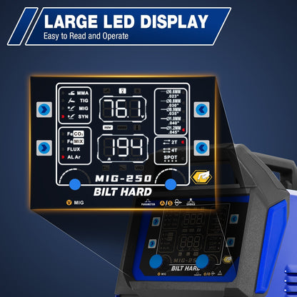 BILT HARD 250A MIG Welder, 4-in-1 Gas/Flux Core MIG, Lift TIG/Stick, Multi-Process, 110V/220V - WLD-1603