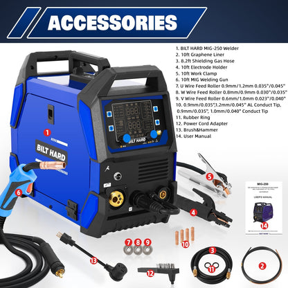 BILT HARD 250A MIG Welder, 4-in-1 Gas/Flux Core MIG, Lift TIG/Stick, Multi-Process, 110V/220V - WLD-1603