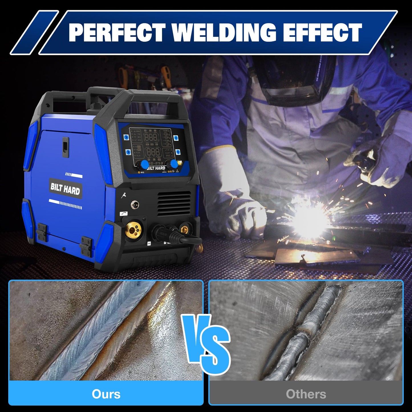 BILT HARD 250A MIG Welder, 4-in-1 Gas/Flux Core MIG, Lift TIG/Stick, Multi-Process, 110V/220V - WLD-1603