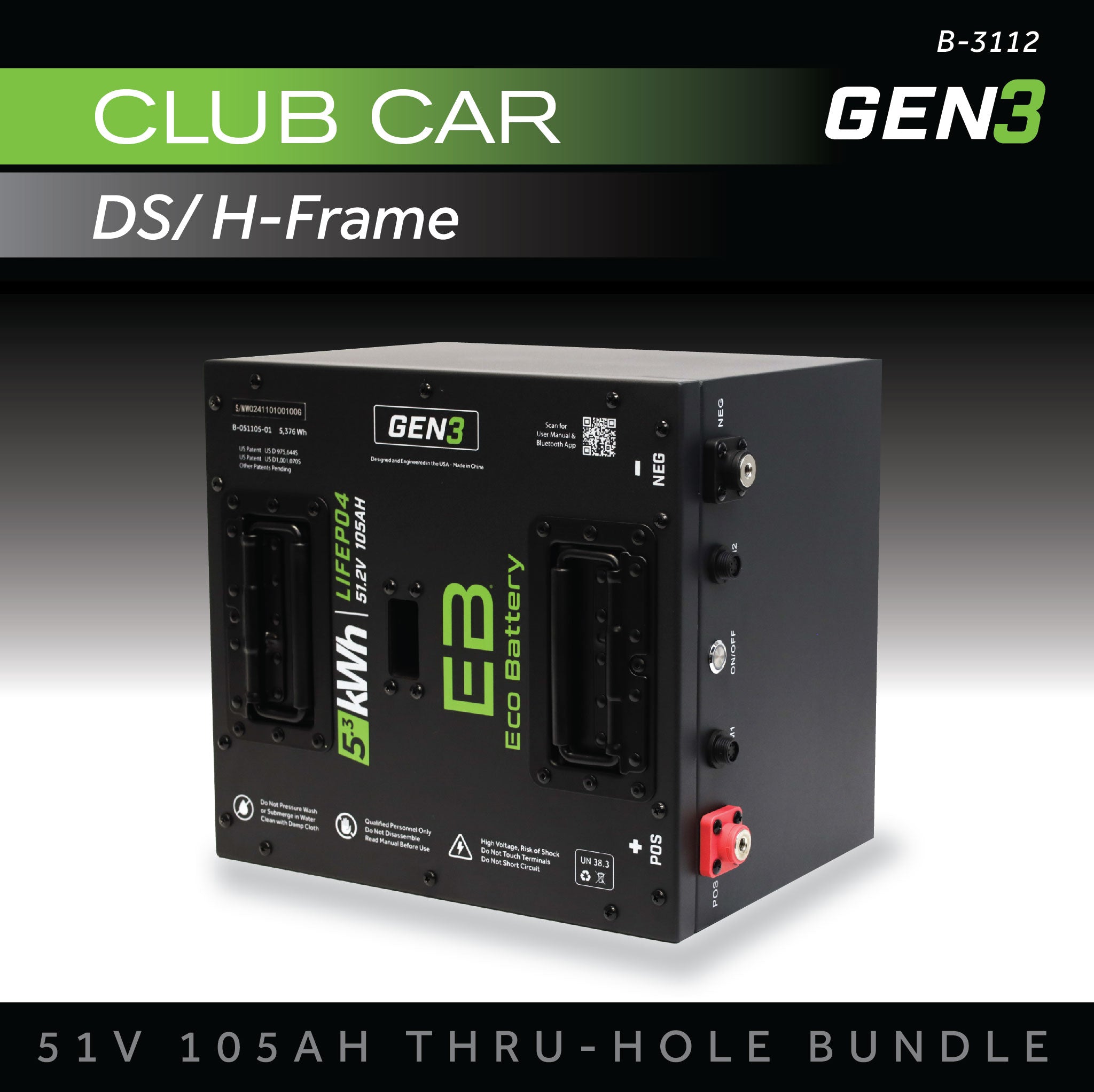 Eco Battery 51V 105AH Thru-Hole Battery Bundle / Club Car DS / H-Frame