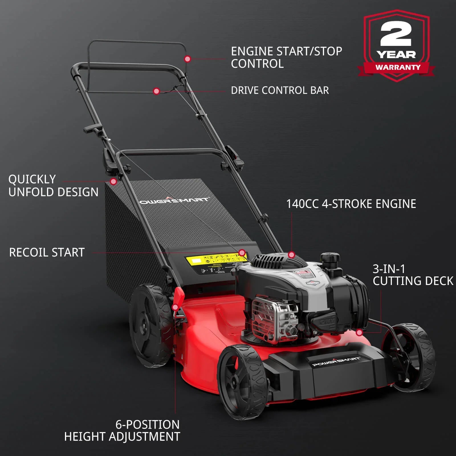 Powersmart 3-In-1 Lawn Mower 21" Self-Propelled 140cc Gas Engine Red New - B8721S2