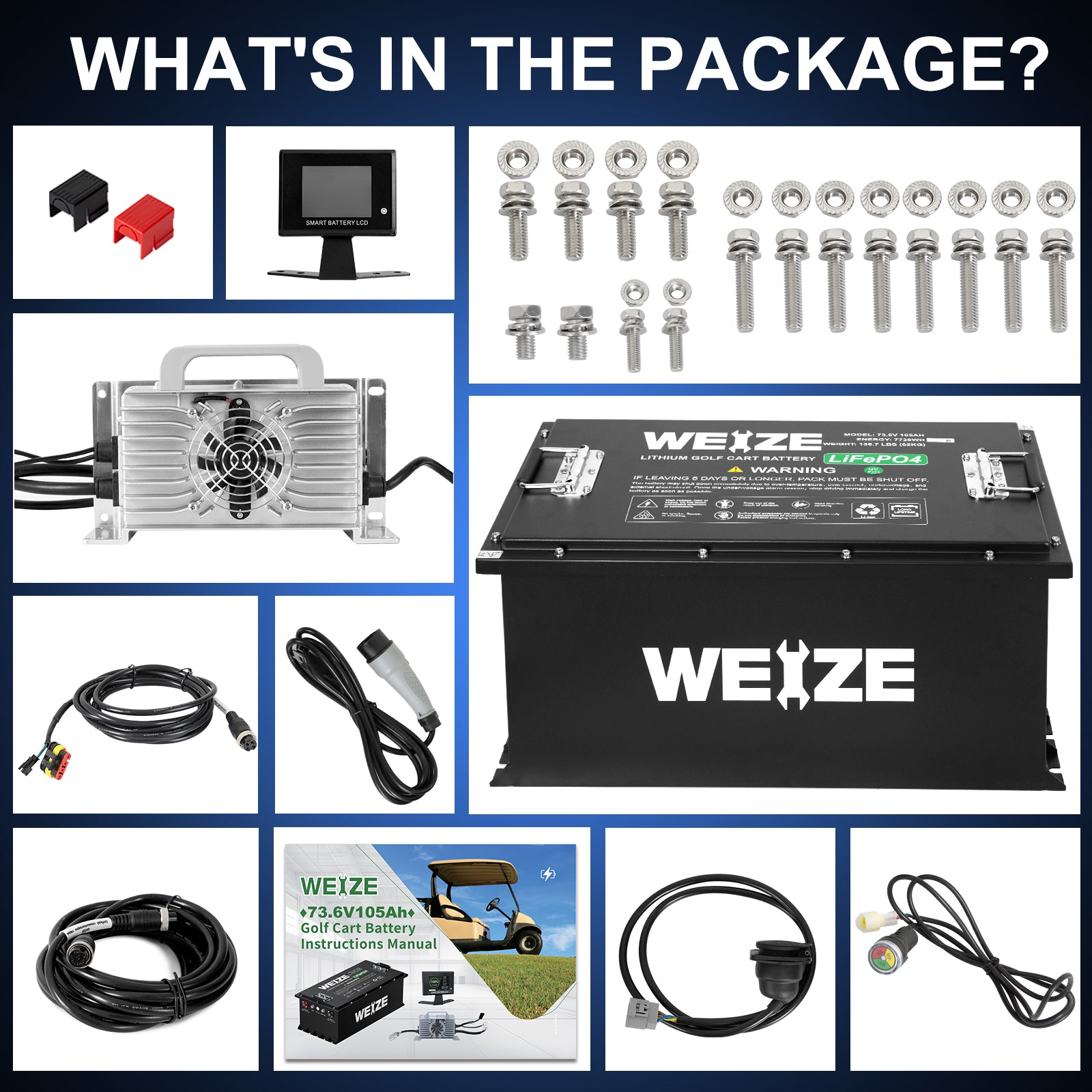 WEIZE 72V(73.6V) 105AH LiFePO4 Golf Cart Battery, 7728Wh Bluetooth Lithium Battery - Complete Kit - BAC-0115CR