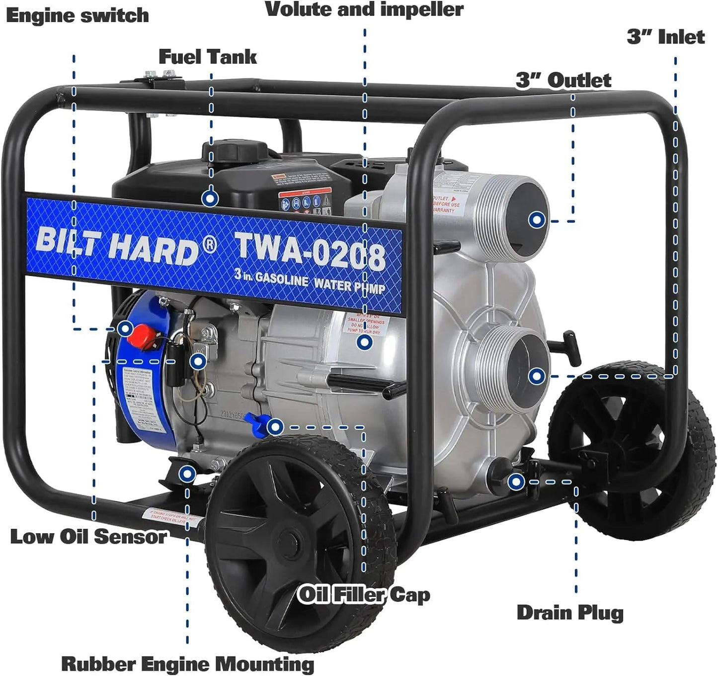 BILT HARD 3" Trash Pump, 264 GPM, 6.5HP - TWA-0208+TWA-0204