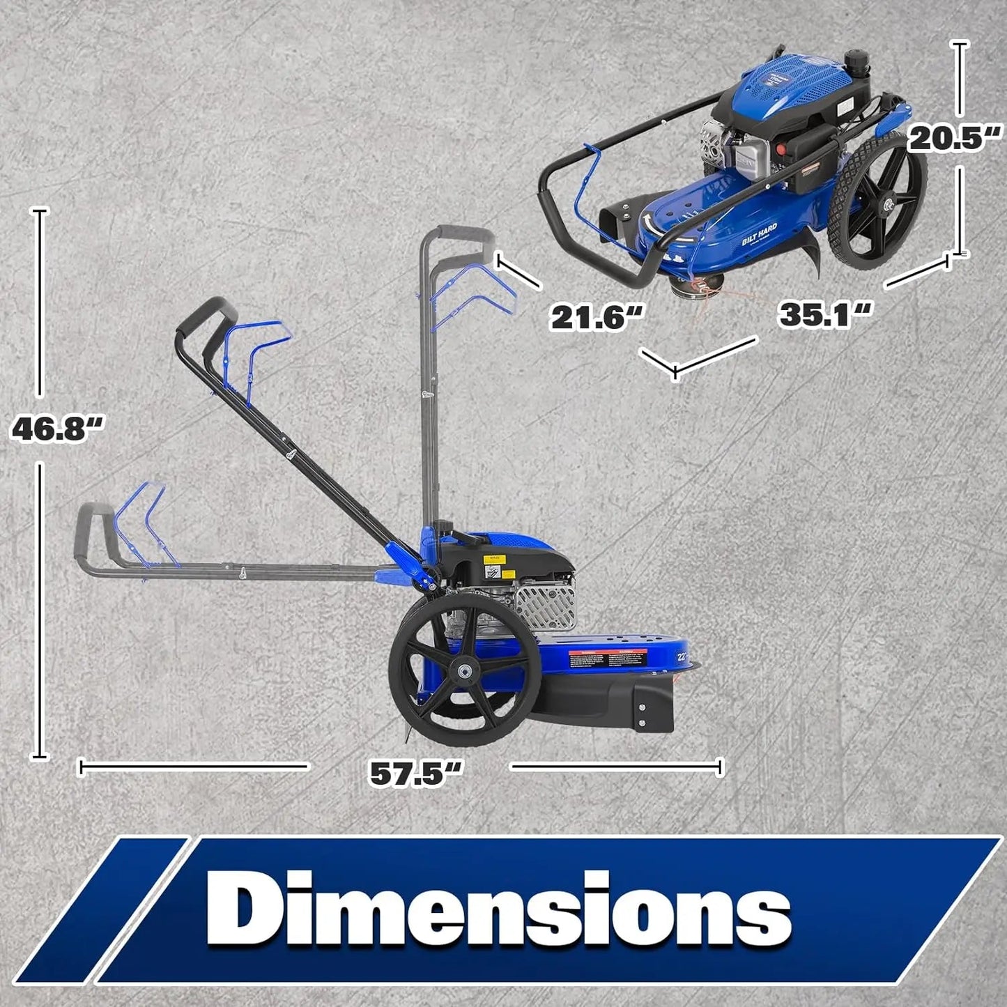 BILT HARD Walk Behind String Trimmer, 170cc 4-Cycle Gas Brush Hog Mower, 22" Cutting, 14" Flat Free Wheels – TJA-1053