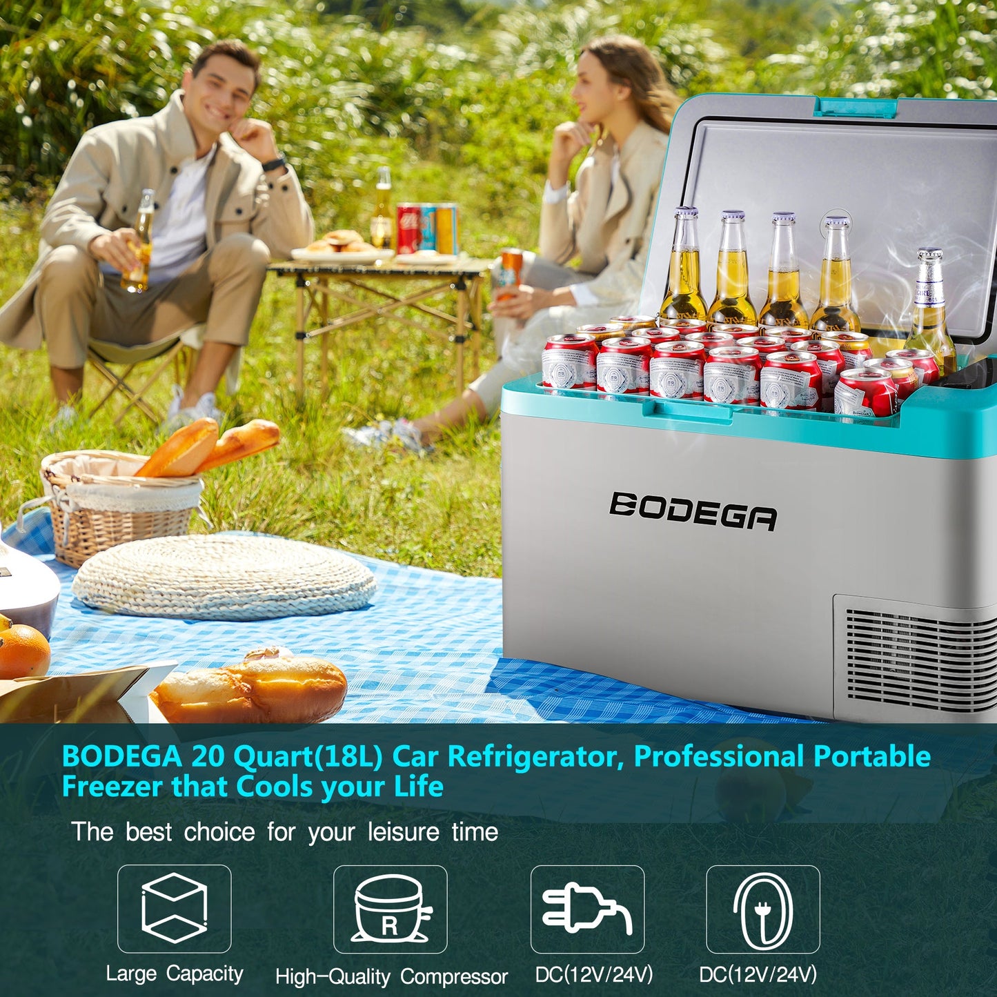 BODEGAcooler 27qt/25L K25 12V Portable Car Fridge Freezer - Blue