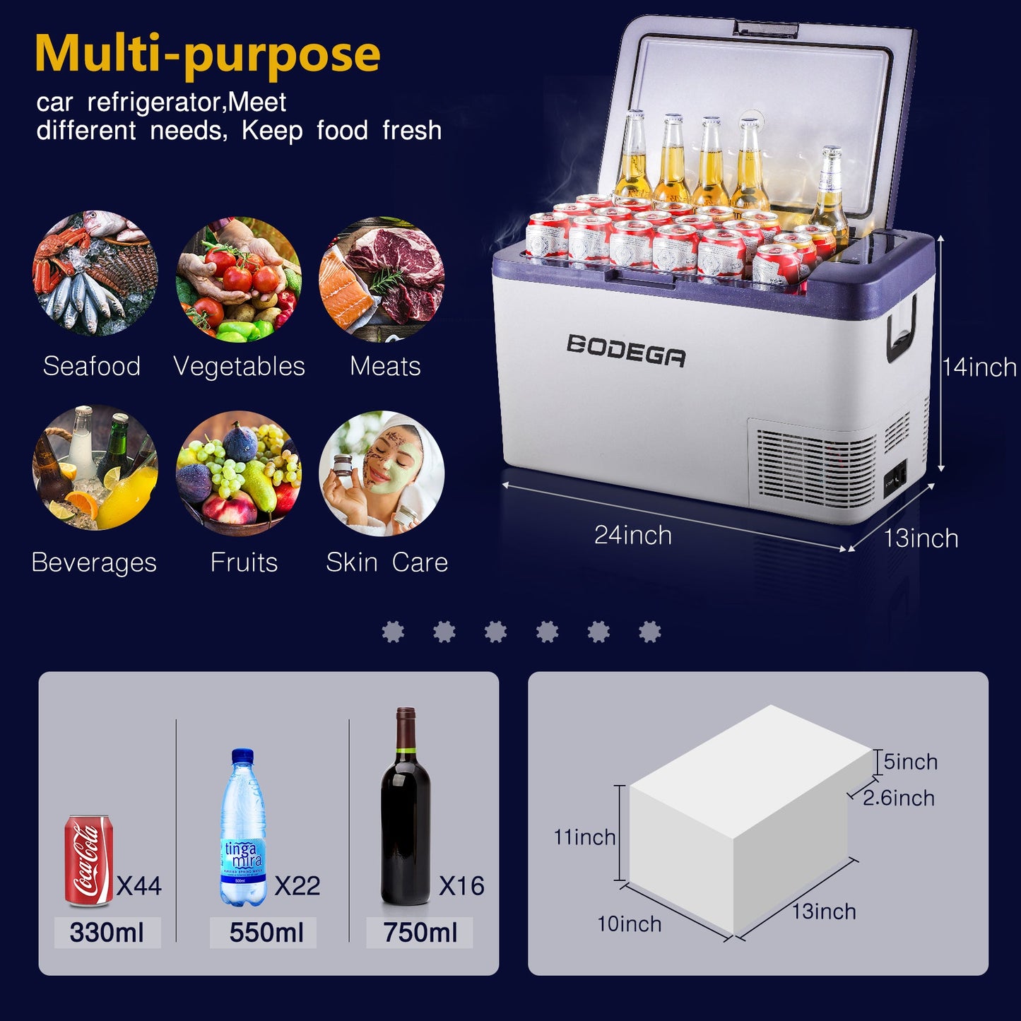 BODEGAcooler 27qt/25L K25 12V Portable Car Fridge Freezer - Dark Blue - K25- dark blue-1