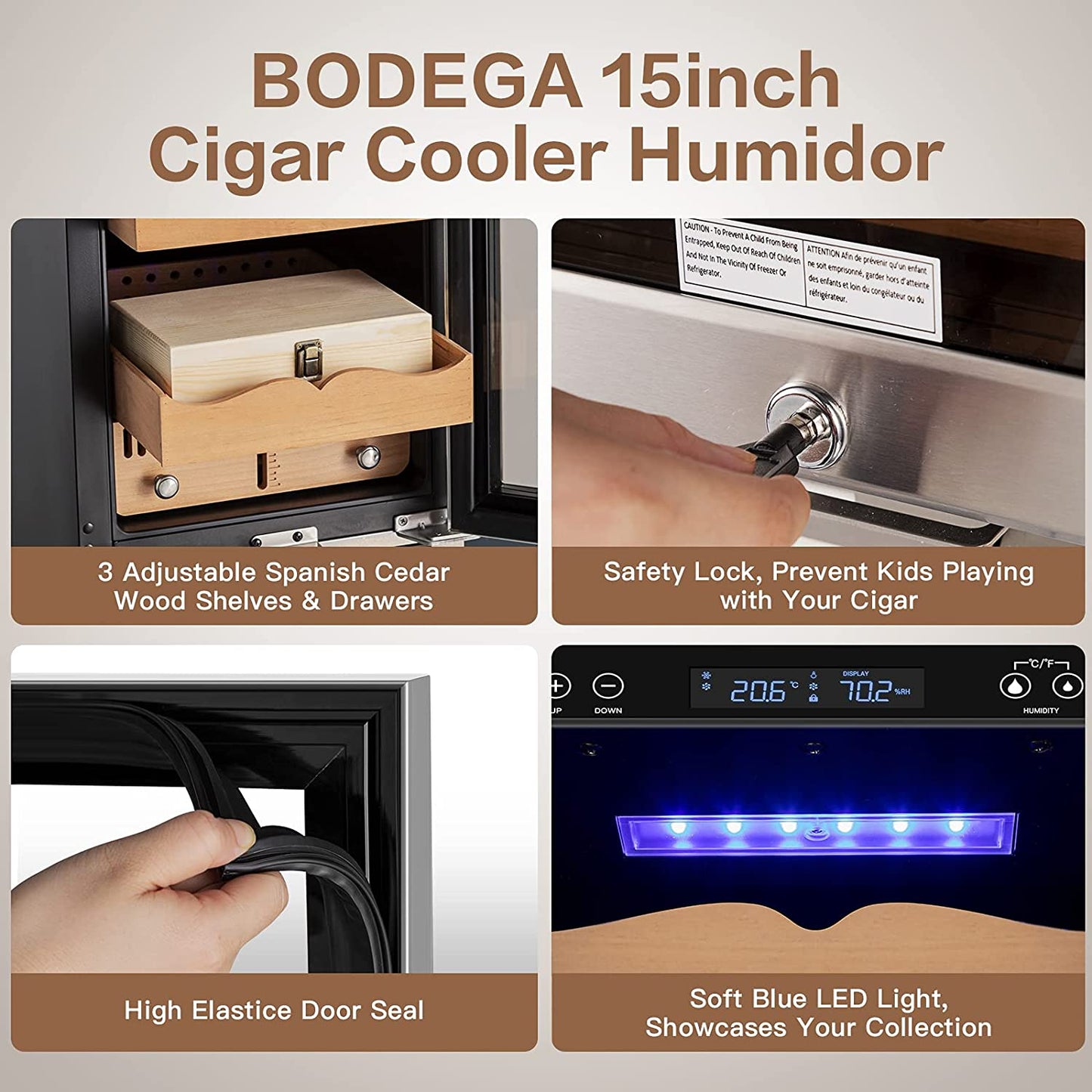BODEGAcooler 546 Count Electric Cigar Humidor Wineador in Stainless Steel with Wood Shelves - JC-85AXJG